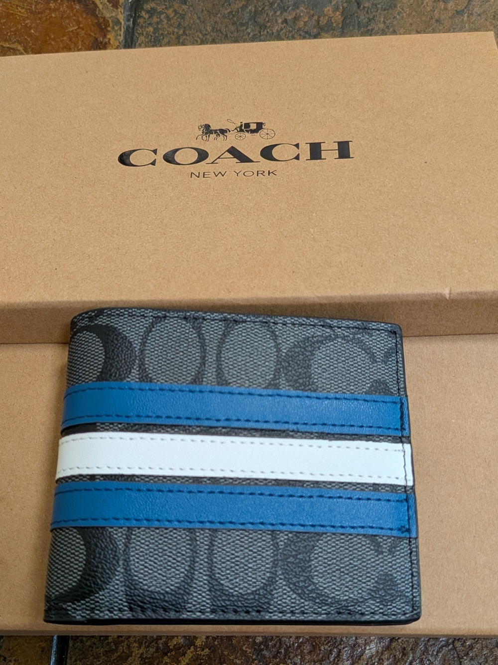 Coach Men’s Signature Canvas Bifold Wallet in Gray with Blue and White Stripes